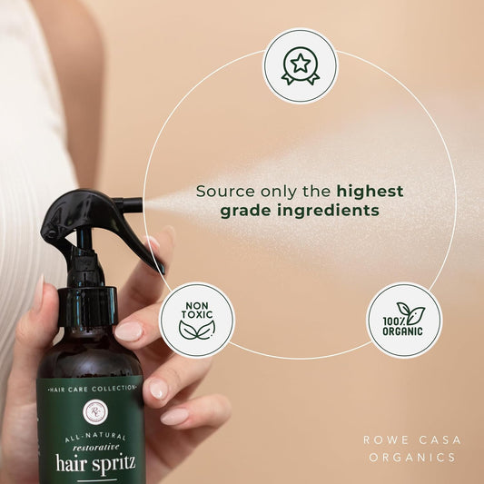 Rowe Casa Organics Natural Restorative Hair Spritz With Witch Hazel & Therapeutic Essential Oils, Hand-Crafted Hair Volumizer, Thickener, & Growth Booster, 8 Fl. Oz