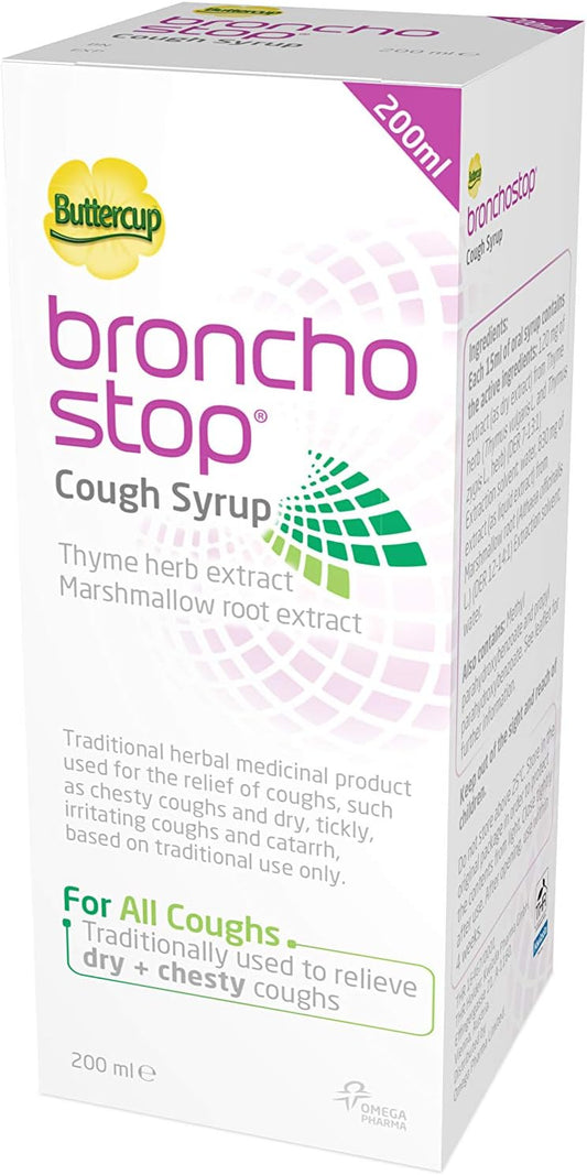 Bronchostop Cough Syrup (200Ml) - Relief For Dry Or Chesty Coughs - With Natural Thyme Herb And Marshmallow Root Extract - Non Drowsy Cough Medicine That Can Be Diluted & Undiluted - Alcohol Free