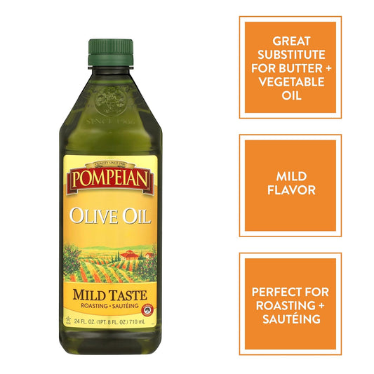 Pompeian Mild Taste Olive Oil, Perfect For Roasting & Sauteing, Naturally Gluten Free, Non-Allergenic, Non-Gmo, 24 Fl Oz