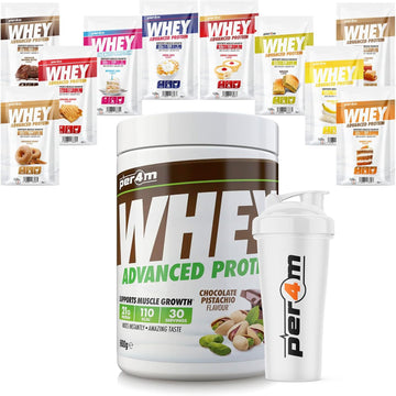 Per4M Advanced Whey Protein Powder | 30 Serving Low Sugar Protein Shake With Amino Acids | Perfect For Your Gym Bag And Travel | Shaker & 5 Mixed Selection Sachets (900G, Cinnamon Donut)