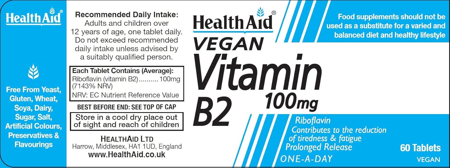 HealthAid Vitamin B2 (Riboflavin) 100mg - Prolong Release - 60 Tablets : Amazon.co.uk: Health & Personal Care