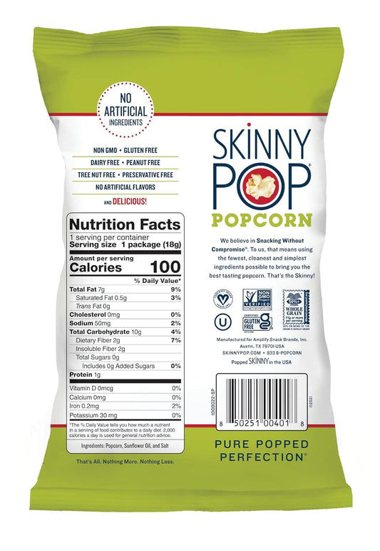 Skinnypop Original Popcorn, Individual Snack Size Bags, Skinny Pop, Healthy Popcorn Snacks, Gluten Free, 0.65 Ounce (Pack Of 30)