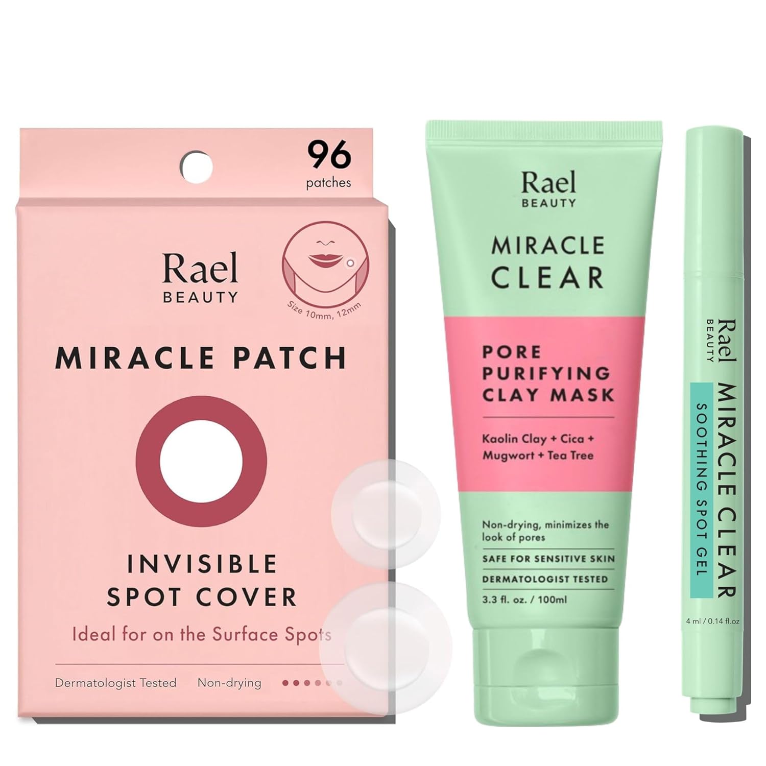 Rael Korea Skin Care - Pimple Patches, Invisible Spot Cover (96 Count), Soothing Spot Gel Pen (0.14Oz), Clay Mask (3.4 Fl. Oz)