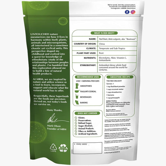 MRM Nutrition Organic Red Beet Powder | Superfoods | Energy | Cardiovascular Health | Nutrient Dense | Gluten-Free + Vegan | 24 Servings