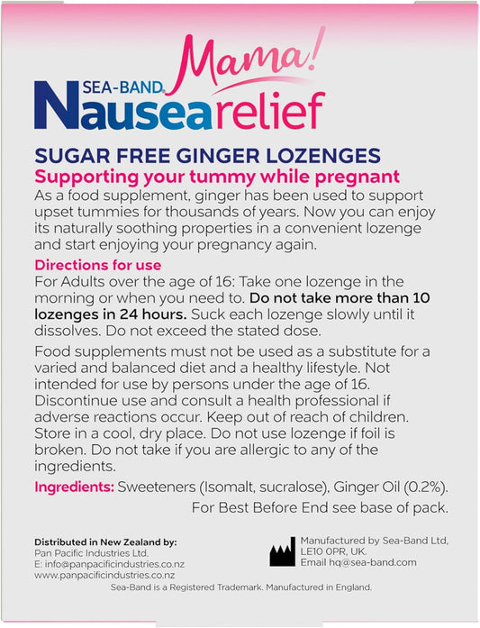 Sea-Band Mama! Motion Sickness, Nausea And Morning Sickness Relief, Ginger Lozenges And Acupressure Wristbands Bundle, (1 X Pack Of 24 Ginger Lozenges And 1 X Pair Of Adult Lilac)