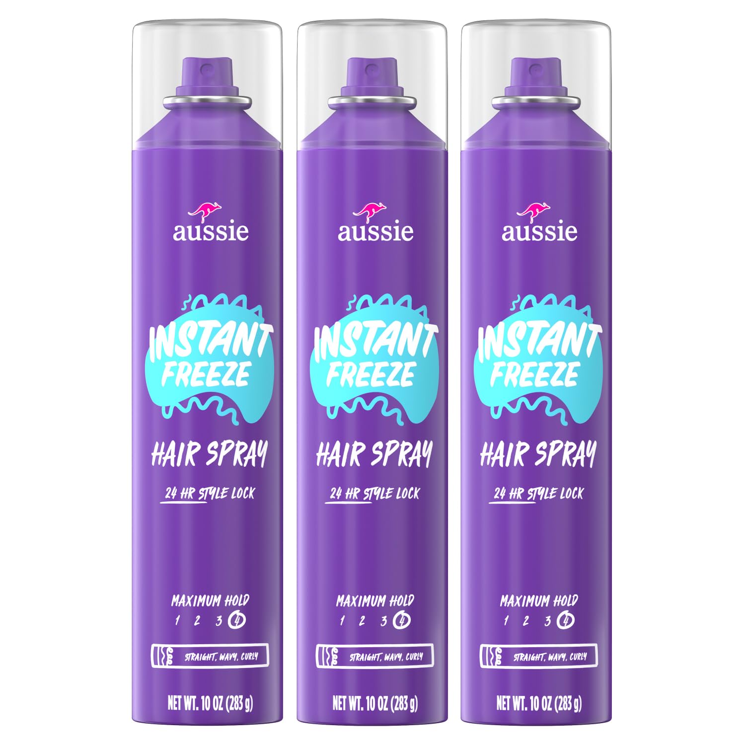 Aussie Instant Freeze Hair Spray For Extreme Hold, Infused With Jojoba Oil & Sea Kelp, Long-Lasting All-Day Hold, Fresh Citrus Scent, Safe For All Hair Types, 10 Fl Oz, 3 Pack