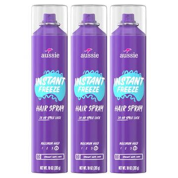 Aussie Instant Freeze Hair Spray For Extreme Hold, Infused With Jojoba Oil & Sea Kelp, Long-Lasting All-Day Hold, Fresh Citrus Scent, Safe For All Hair Types, 10 Fl Oz, 3 Pack