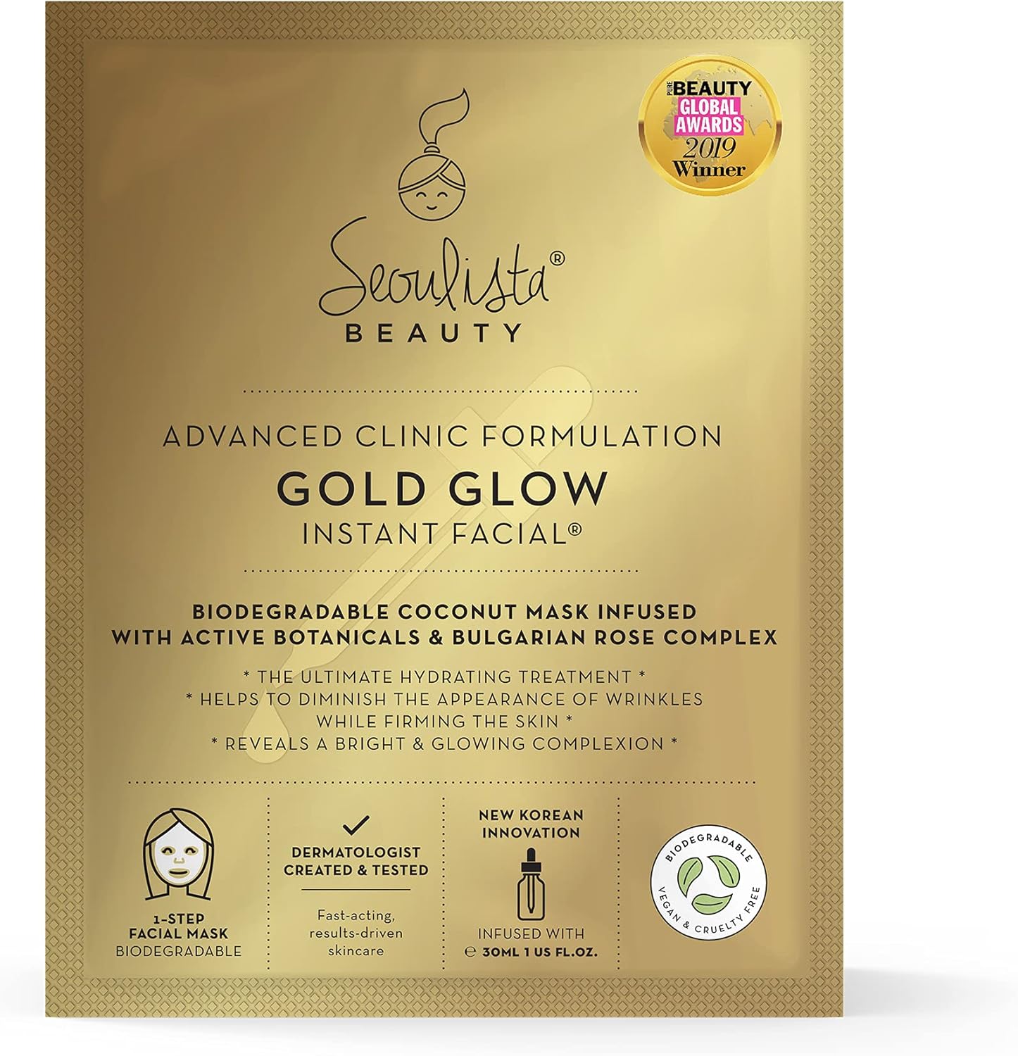 Seoulista Beauty Advanced Clinic Formulation Gold Glow Instant Facial – Anti-Ageing Face Mask —With Bulgarian Rose Oil, Vitamin C, Niacinamide — Dermatologist Created — Globally Award Winning