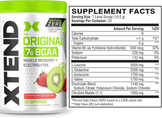 XTEND Natural Zero BCAA Powder Strawberry Kiwi Splash | Free of Artificial Sweeteners, Flavors, and Chemical Dyes | Post Workout Drink with Amino Acids | 7g BCAAs for Men & Women | 25 Servings