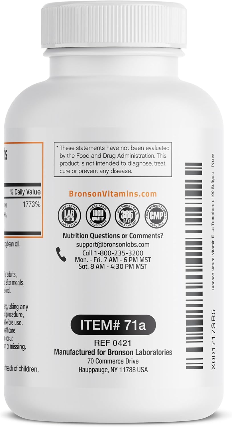 Bronson Natural Vitamin E Complex 400 I.U. Supplement (d-Alpha Tocopherol Plus d-Beta, d-Gamma, & d-Delta Tocopherols), Natural Antioxidant, 100 Softgels : Health & Household