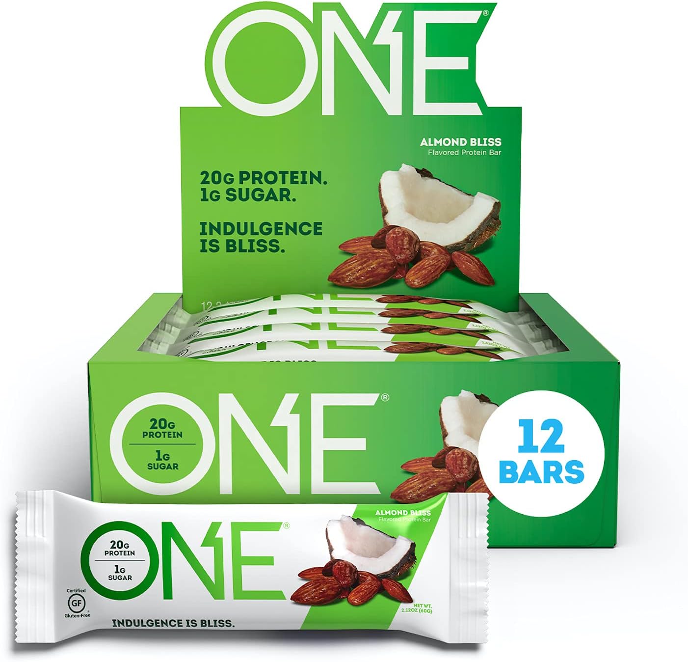 One Protein Bars, Almond Bliss, Gluten Free Protein Bars With 20G Protein And 1G Sugar, Pantry Staples, 2.12 Oz (12 Pack)