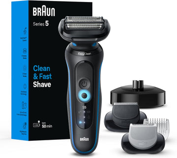 Braun Electric Shaver For Men, Series 5 5150Cs, Wet & Dry Shave, Turbo Shaving Mode, Foil Shaver, With Beard Trimmer, Body Groomer And Charging Stand, Blue