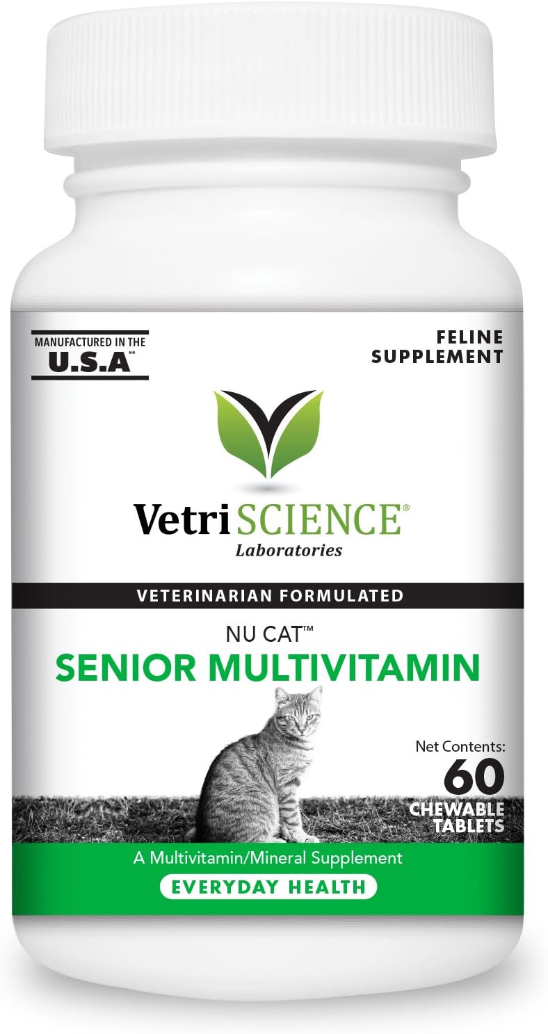 VetriScience Nu Cat Senior Multivitamin for Cats – All-in-One Senior Cat Multivitamin Supplement, Tablets with 25+ Key Vitamins, Lysine and Taurine, Vitamins for Senior Cats