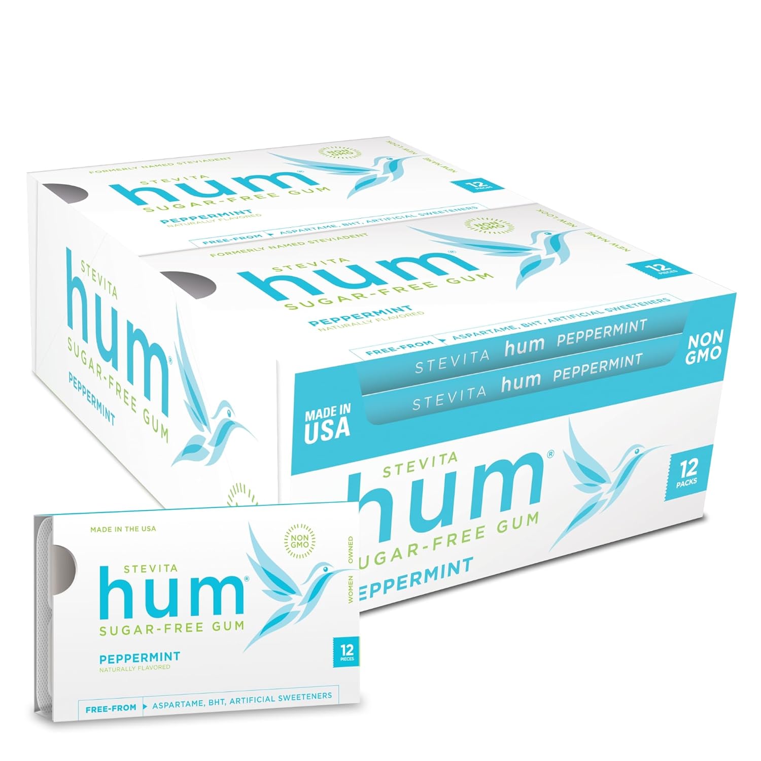 Stevita Hum, Peppermint - Sugar-Free Gum - 12 Pieces, Pack Of 12 - Supports Oral Health - Non-Gmo, Vegetarian, Keto, Gluten Free (Package May Vary)