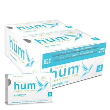 Stevita Hum, Peppermint - Sugar-Free Gum - 12 Pieces, Pack Of 12 - Supports Oral Health - Non-Gmo, Vegetarian, Keto, Gluten Free (Package May Vary)