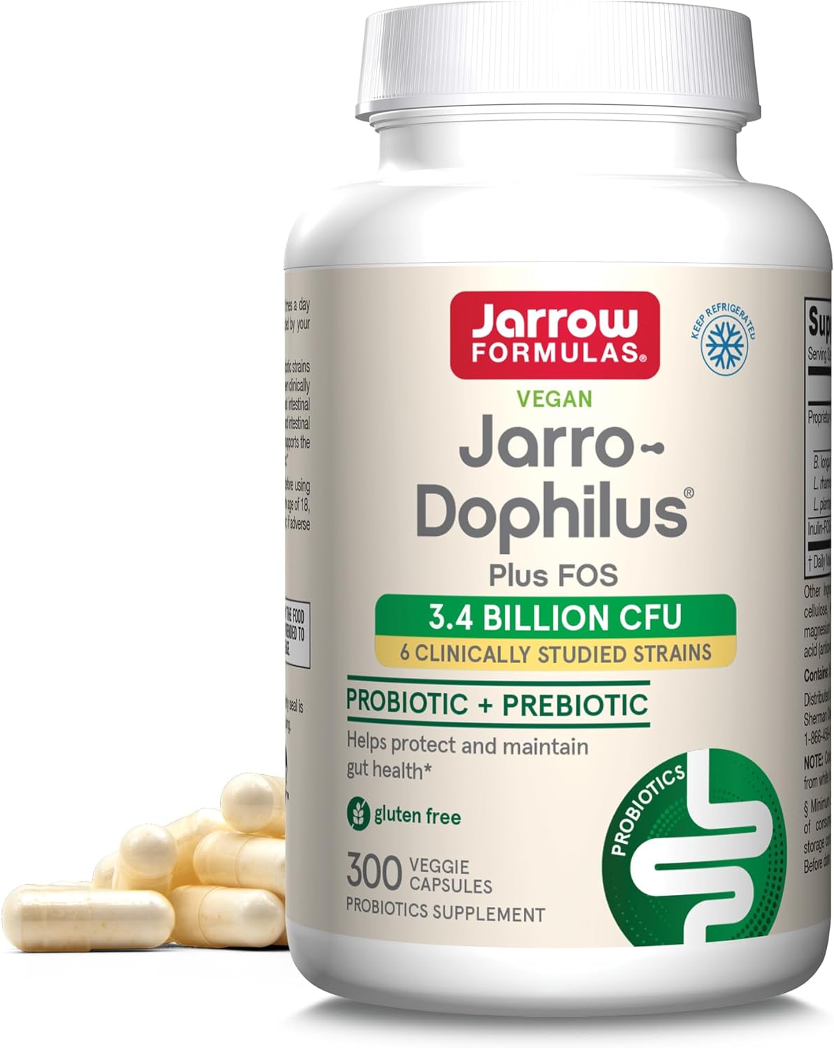 Jarrow Formulas Jarro-Dophilus + FOS - 3.4 Billion CFU Per Serving - Prebiotic & Probiotics Supplement for Immune & Intestine Support - Up to 300 Servings (Veggie Caps)