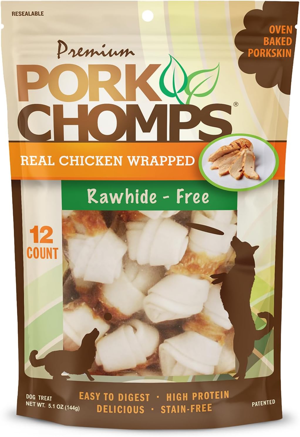 Pork Chomps Baked Pork Skin Dog Chews, 2.5-Inch Mini Knots, Real Chicken Wrap, 12 Count