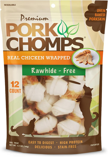 Pork Chomps Baked Pork Skin Dog Chews, 2.5-Inch Mini Knots, Real Chicken Wrap, 12 Count