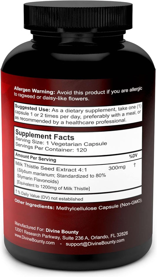 Divine Bounty Pure Milk Thistle Capsules Supplement - A Potent 1200mg Milk Thistle Supplement with 4X Concentrated Extract (Standardized) 120 Vegetarian Capsules