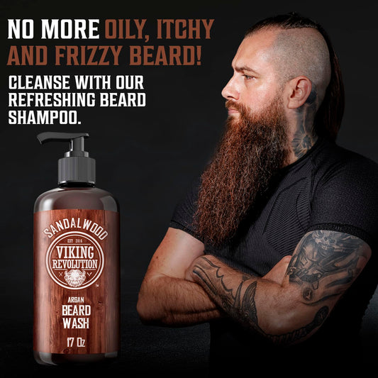 Viking Revolution Beard Wash Shampoo W/Argan & Jojoba Oils - Softens & Strengthens - Sandalwood Scent - 17 Oz Shampoo