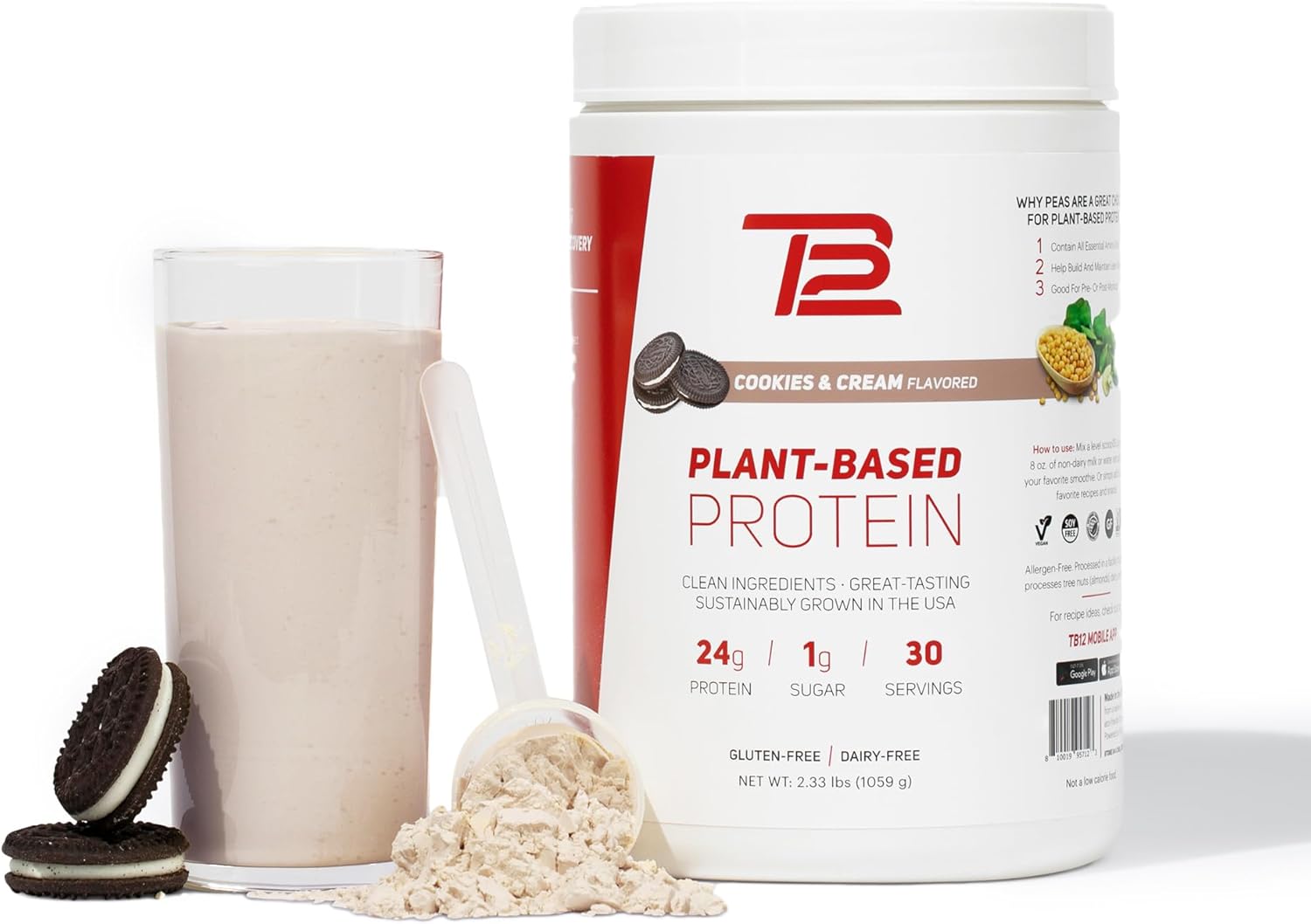 Tb12 Plant Based Protein Powder By Tom Brady, 24G Of Vegan Pea Protein, Low Sugar, Low Carb, Non-Gmo, Meal Replacement, Keto Friendly, Paleo, Sugar Free, Cookies And Cream Flavor (30 Servings)