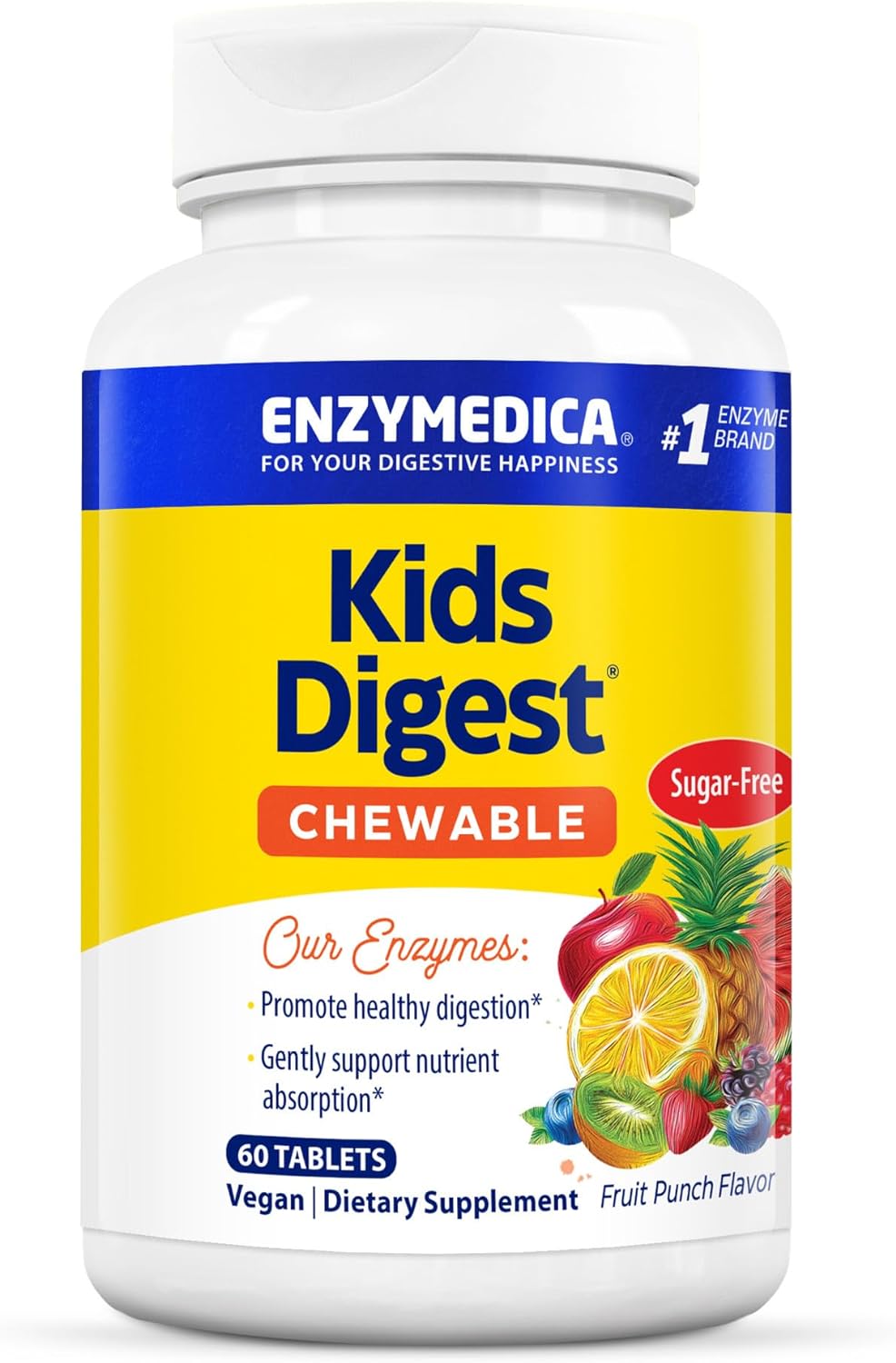 Enzymedica Kids Digest, Chewable Digestive Enzymes, Natural Fruit Punch Flavor, 60 Servings