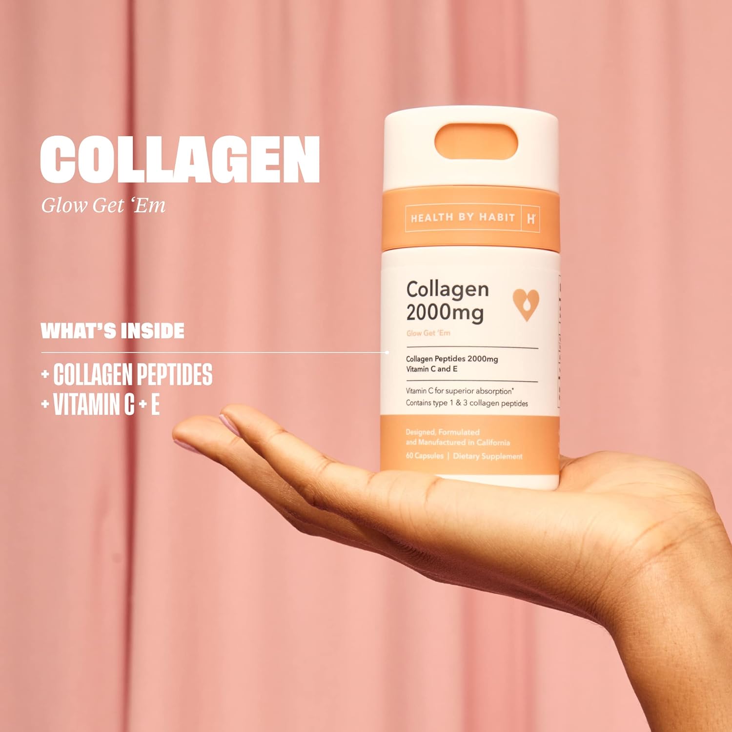 Health By Habit Collagen Supplement (60 Capsules) - Vitamin C & Vitamin E, 2000mg, Collagen Peptides, Superior Absorption, Support Your Skin, Non-GMO, Sugar Free (1 Pack) : Health & Household