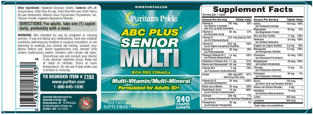 Puritan's Pride Abc Plus Senior Multivitamin Multi-mineral Formula Caplets, 240 Count : Health & Household