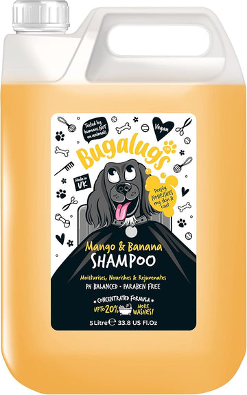 BUGALUGS Dog Shampoo Tropical Mango & Banana dog grooming shampoo products for smelly dogs with fragrance, best puppy shampoo, professional groom Vegan pet shampoo & conditioner (5 Litre)?BSMGBA5L