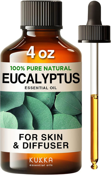 Kukka Eucalyptus Essential Oil For Diffuser 100% Pure Natural Essential Oils Eucalyptus Oil For Skin Humidifier Sinus & Aromatherapy Hair Soap Making Scent (4 Fl Oz)