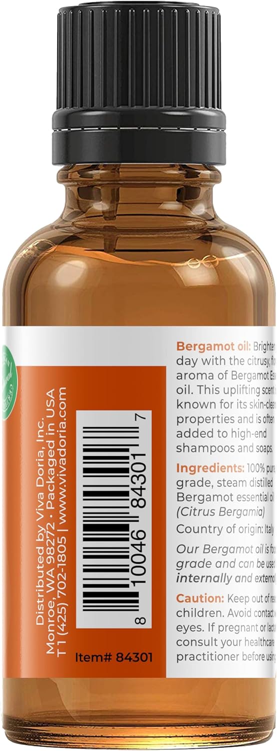 Viva Doria 100% Pure Bergamot Essential Oil, Undiluted, Food Grade, Italian Bergamot Oil, 1 Fluid Ounce (30 mL) Natural Aromatherapy Oil : Health & Household