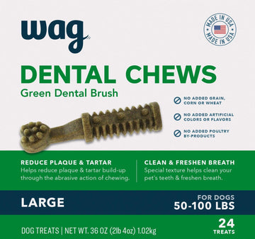 Amazon Brand - Wag Dental Chews - Green Dental Brush For Dogs, Large, Unflavored, 24 Count (Pack Of 1)