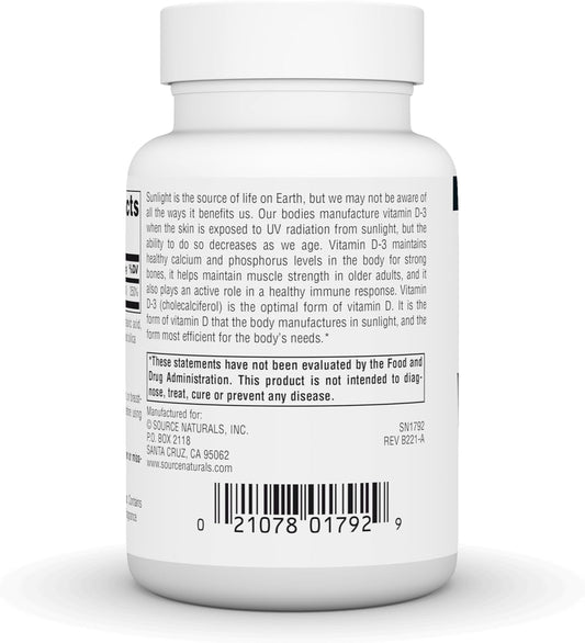 Source Naturals Vitamin D-3 Supports Bioactve Form For Bone & Immune Health 1000 Iu (25 Mcg) -200 Tablets