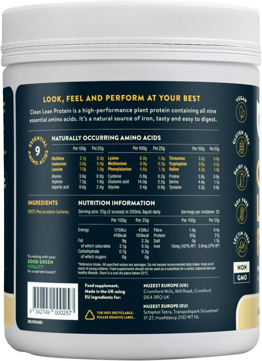 Vegan Protein Powders By Nuzest - Clean Lean Protein - Just Natural - Plant Based Pea Protein Shake - Low Calorie & Low Carb - Gluten Free - Dairy Free - 500G (20 Servings)