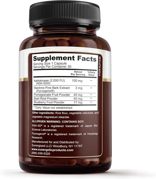 Sunergetic Premium Nattokinase Supplement For Arterial Support - Nattokinase 2000 Fu (Nsk-Sd) Pycnogenol, Pomegranate & Beets - 100Mg Nattokinase For Artery Health, Heart & Blood Vessels-30 Capsules
