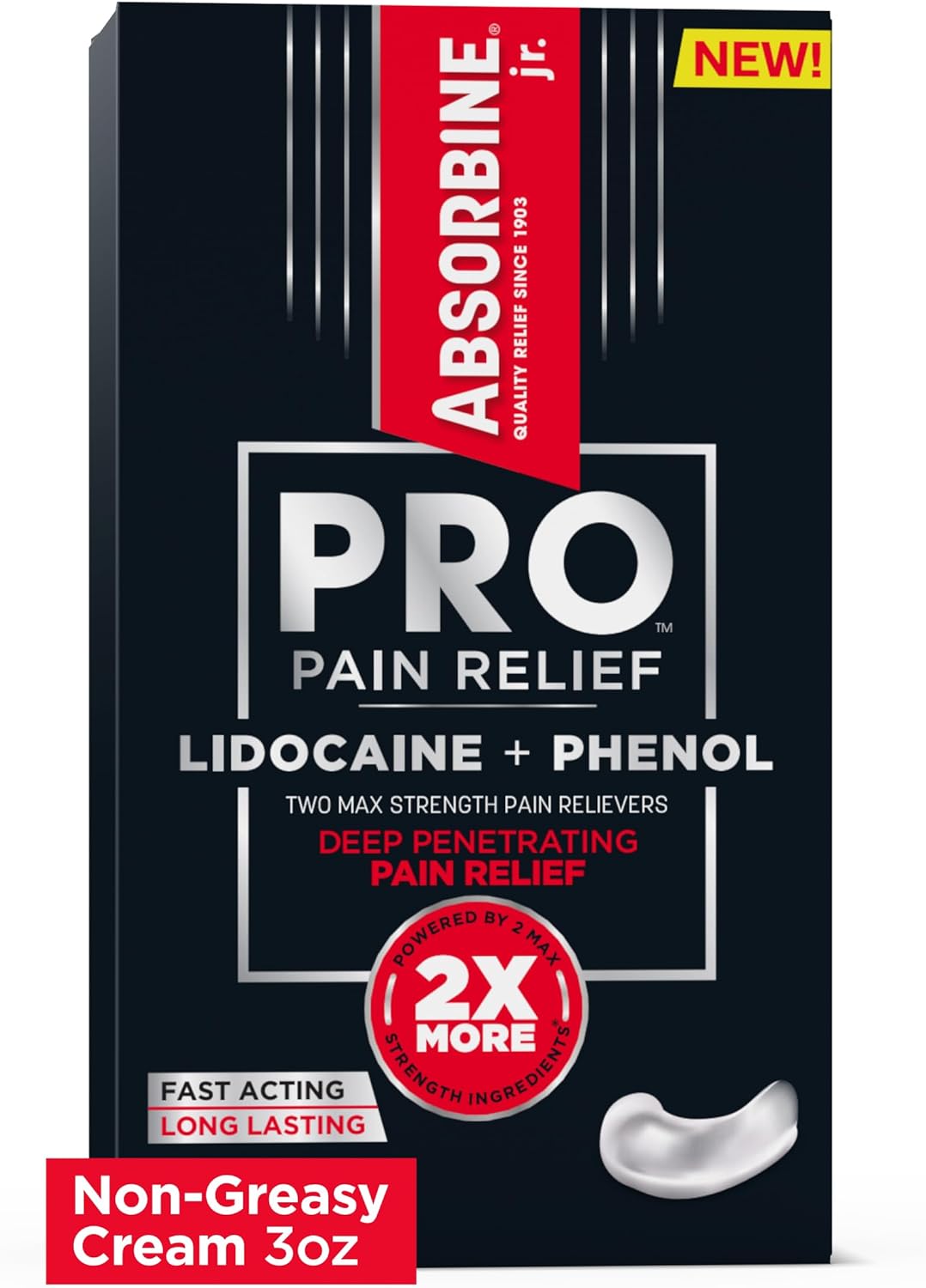 Absorbine Jr. PRO Max Strength Lidocaine Cream - Fast-Acting Numbing Pain Relief for Nerve, Muscle, Joint Discomfort - Non-Greasy, 3oz Tube