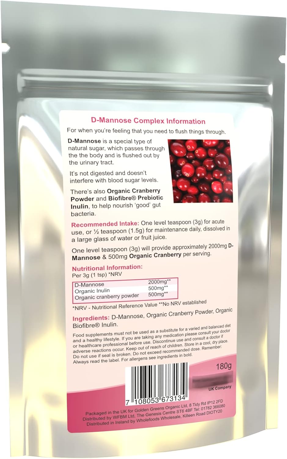 Golden Greens DMannose Complex with Organic Cranberry 60 Servings, 1 Count : Amazon.co.uk: Health & Personal Care
