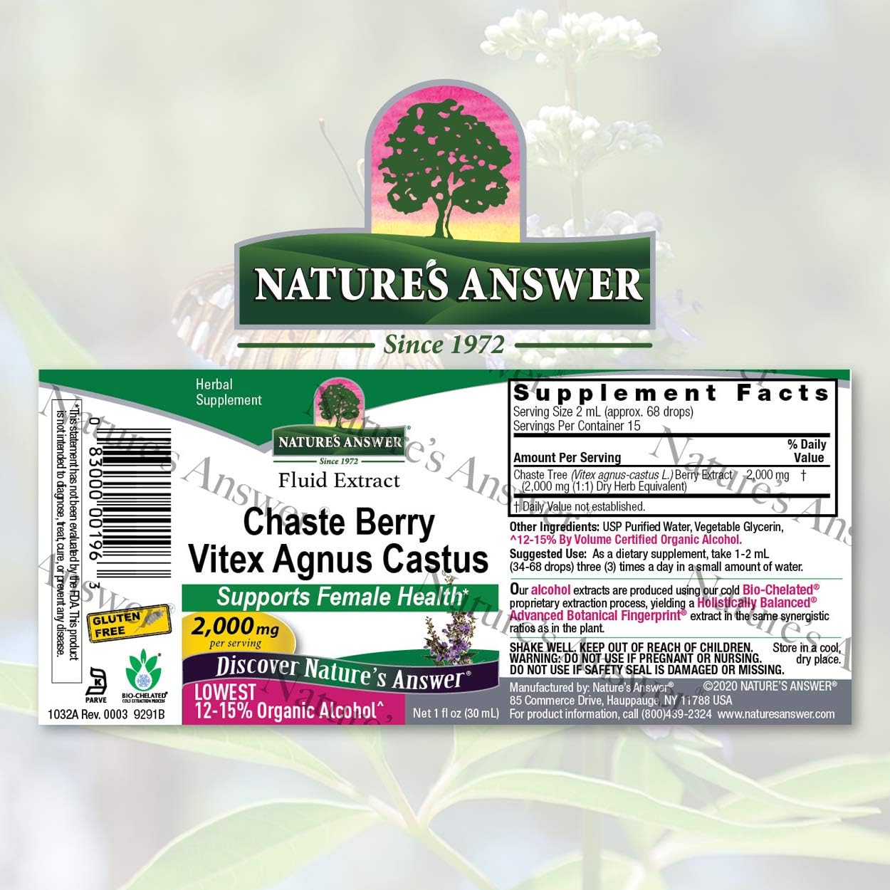 Nature's Answer Chaste Berry Vitex Agnus Castus with Organic Alcohol 2000mg 1 Extract | Promotes Female Balance | Gluten-Free, Non-GMO, Vegan, No Artificial avors or Preservatives | Single Count