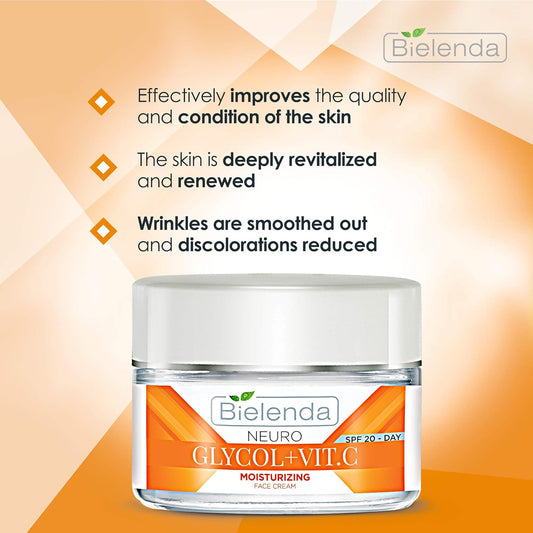 Bielenda Neuro Glicol - Moisturising Face Cream - Wrinkles Are Smoothed Out And Discolorations Reduced + Vit. C - Moisturizing Face Cream Day Spf 20, 50 Ml