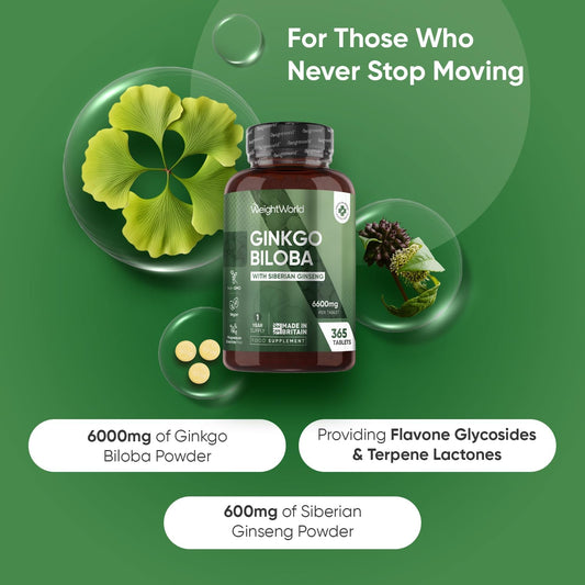 Ginkgo Biloba And Ginseng 6600Mg - 365 Tablets - 1 Year Supply - 1 Tablet A Day - With Flavone Glycosides And Terpene Lactones - Vegan & Non-Gmo - Ginseng And Ginkgo Biloba Complex Herbal Supplement