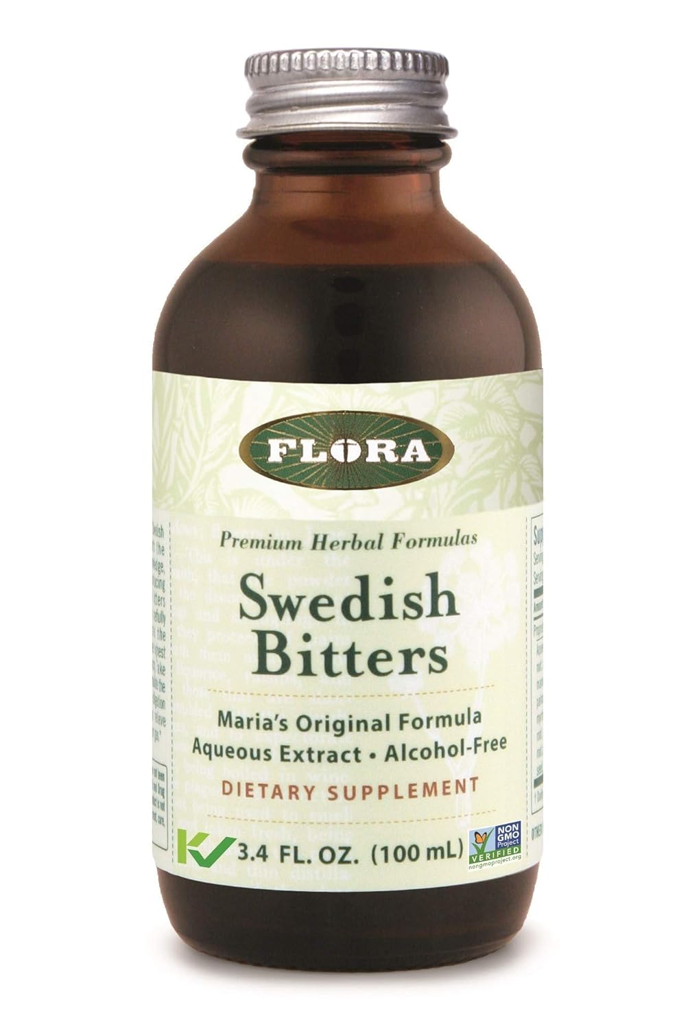 Flora - Swedish Bitters for Digestion, Alcohol-Free Bitters Help Bloating & Digestion, Maria's Original Formula Aqueous Extract, Vegan, Kosher, Non GMO, 3.4-fl. oz. Glass Bottle