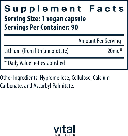 Vital Nutrients Lithium Orotate | Vegan Lithium Supplements For Memory, State Of Mind, And Behavioral Health* | 20Mg | Gluten, Dairy, Soy Free | 90 Capsules