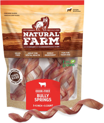 Natural Farm Odor-Free Curly Bully Sticks, (5-6 Inch, 5 Pack), Fully Digestible, 100% Beef Pizzle Chews, More Engagement & Fun, Grass-Fed, Non-Gmo, Fully Digestible - Best For Small & Medium Chewers