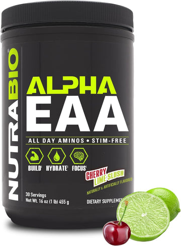 Nutrabio Alpha Eaa - All-Day Amino Acids For Muscle Growth And Hydration - Essential Amino Acids With Nootropics & Adaptogens- Full Spectrum Eaa Bcaa Powder - 30 Servings - Strawberry Lemon