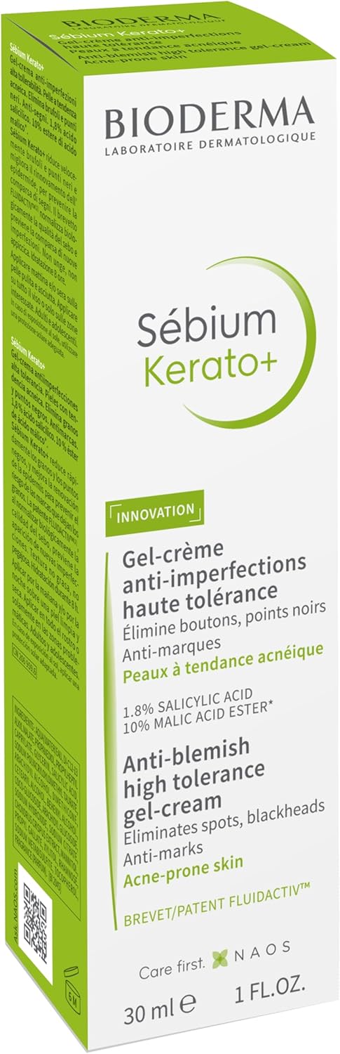 Bioderma Sébium Kerato + Anti-Blemish Gel Cream For Acne Prone Skin - Hydrating Acne Treatment To Eliminate Pimples, Blackheads & Refine Skin Texture 30Ml