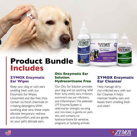 Pet King Brands Zymox Enzymatic Ear Wipes, Ear Cleanser, & Otic Ear Solution For Dogs And Cats - Product Bundle - For Dirty, Waxy, Smelly Ears And To Soothe Ear Infections, 100 Ct, 4 Oz And 1.25 Oz