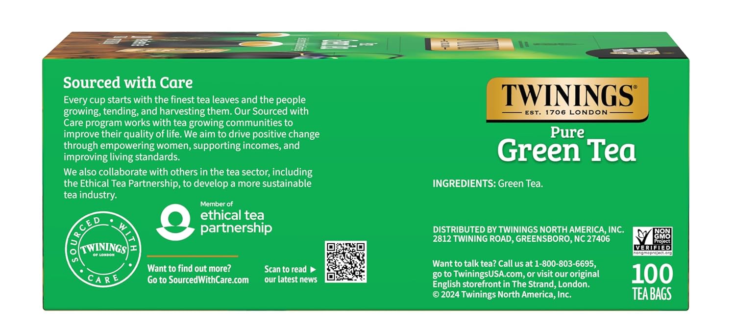 Twinings Pure Green Tea Individually Wrapped Bags, 100 Count (Pack Of 1), Smooth & Refreshing, Caffeinated, Enjoy Hot Or Iced