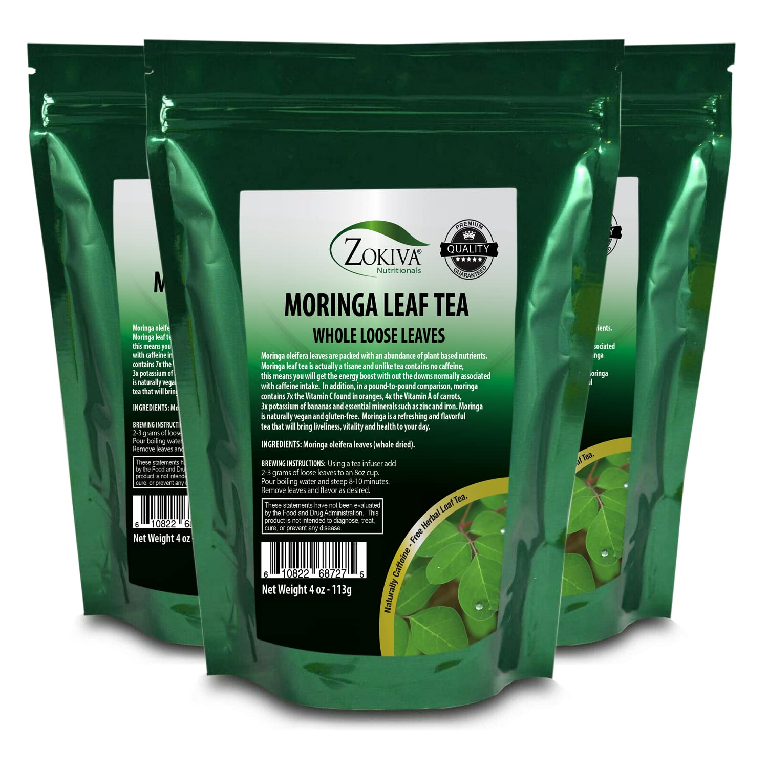 Zokiva Nutritionals - Moringa Leaves 4 Oz X 3-Pack Organic Loose Dried Moringa Leaf Tea - Drumstick Leaves - A Natural Caffeine - Free Source For Vitamins, Minerals & Antioxidants - In Zip Lock Pouch