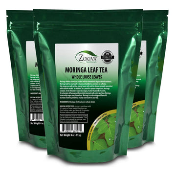 Zokiva Nutritionals - Moringa Leaves 4 Oz X 3-Pack Organic Loose Dried Moringa Leaf Tea - Drumstick Leaves - A Natural Caffeine - Free Source For Vitamins, Minerals & Antioxidants - In Zip Lock Pouch