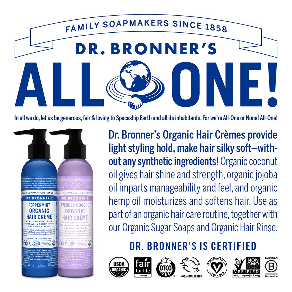 Dr. Bronner's - Organic Hair Crème - Lavender Coconut, Leave-In Conditioner & Styling Cream, Made w/Organic Oils, Hair Cream Supports Shine & Strength, Nourishes Scalp, Non-GMO (6oz, 2-Pack) : Beauty & Personal Care